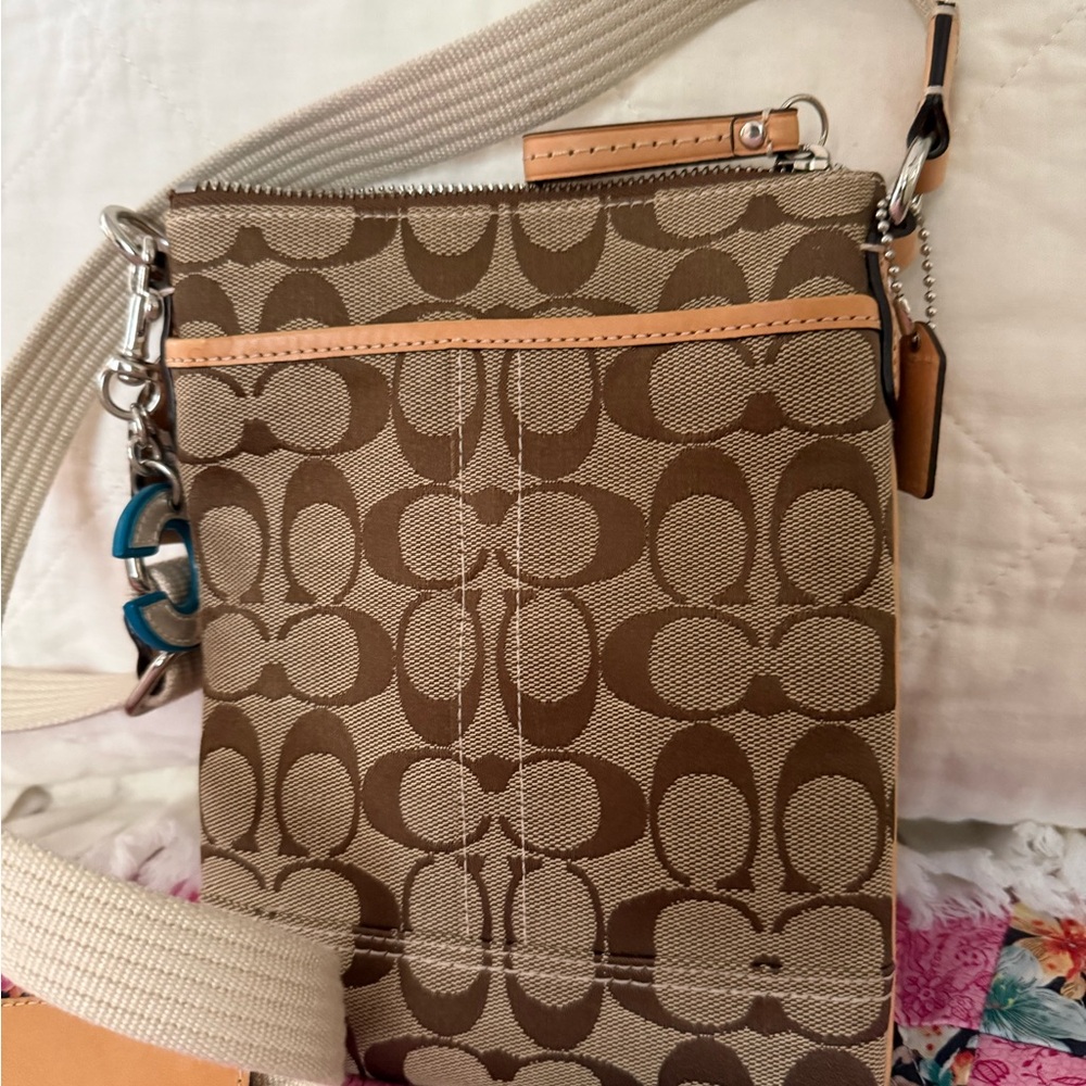 Coach Tan/Brown Signature Crossbody with Leather Trim
